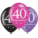 11 inch Black & Pink Sparkling 40th Birthday Latex Balloons (6)