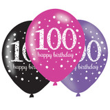 11 inch Black & Pink Sparkling 100th Birthday Latex Balloons (6)