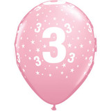 11 inch Number 3 Stars Pink Latex Balloons (6)