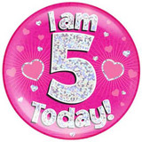 Giant 'I Am 5 Today!' Pink Holographic Party Badge (1)