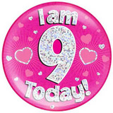 Giant 'I Am 9 Today!' Pink Holographic Party Badge (1)