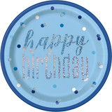 Happy Birthday Glitz Blue & Silver Foil Stamped Paper Plates (8)