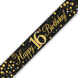 A birthday banner for age 16 in black and gold holographic finish, made by Oaktree.