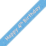 A 9ft blue banner with silver foil happy 4th birthday message, manufactured by Unique.