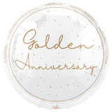 An 18 inch Happy Golden Anniversary Script Foil Balloon, manufactured by Unique!