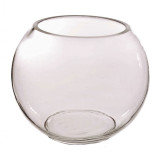 A clear fish bowl shaped glass vase
