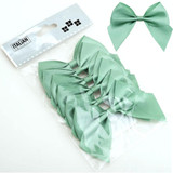 A pack of 6 10cm sage green satin ribbon bows.