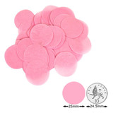 Collection of 25mm diameter soft pink circular confetti shapes, shown with a 10p image for scale.