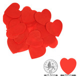 Red heart shaped confetti at 30mm, shown with an image of a ten pence piece for scale.