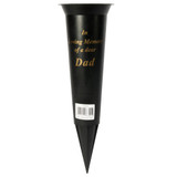 A black grave vase with a spike, with the phrase 'In Loving Memory of a dear Dad' in gold, manufactured by Kaleidoscope.