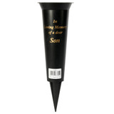 A black grave vase with a spike, with the phrase 'In Loving Memory of a dear Son' in gold, manufactured by Kaleidoscope.