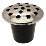 A black grave vase with a silver lid, manufactured by Kaleidoscope.