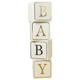 A set of white blocks with the word 'BABY' printed in gold foiling, manufactured by Hootyballoo.