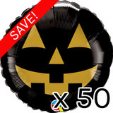 A pack of 50 black & gold jack face foil balloons, manufactured by Qualatex.