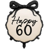 A 19 inch Happy 60 Black Bow Foil Balloon.