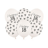 A Pack of 6 12 inch 'Happy 18' Latex Balloons with Black Bows, manufactured by PartyDeco.