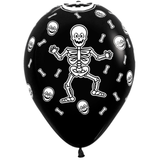 A pack of 25 12 inch Halloween Skeleton Black Latex Balloons, manufactured by Sempertex.