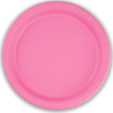 A pack of 8 bubblegum pink paper plates, manufactured by Oaktree.
