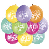 A pack of 9 inch happy birthday printed latex balloons, manufactured by Unique.