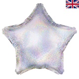 An unpackaged 19" Silver Holographic Star Foil Balloon, manufactured by Oaktree.