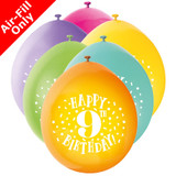 A pack of 10 9 inch 9th Birthday Neck Up Assortment Latex Balloons, manufactured by Unique.