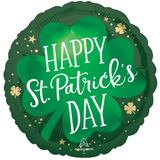An 18 inch St. Patrick's Day Satin Lucky Shamrock Foil Balloon, manufactured by Anagram Europe.
