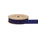 A spool of Dark Blue Gold Foil Star Velvet Ribbon, measuring approx. 25mm x 10m.