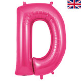 A 34 inch Oaktree Pink Letter D Foil Balloon, manufactured by Oaktree.