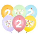 A pack of 6 12 inch Happy Birthday Age 2 Bright Pastel Latex Balloons, manufactured by PartyDeco.