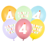 A pack of 6 12 inch Happy Birthday Age 4 Bright Pastel Latex Balloons, manufactured by PartyDeco.