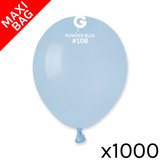 A maxi bag of 1000 5" Marshmallow Powder Blue Latex Balloons, manufactured by Gemar.