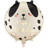 An 18 inch Happy Birthday Beige Dog Foil Balloon, manufactured by PartyDeco.