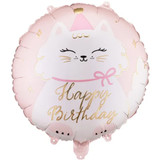 An 18 inch Happy Birthday Pink Kitty Foil Balloon, manufactured by PartyDeco.