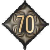 An 18 inch Black & Gold Age 70 Diamond Foil Balloon, manufactured by PartyDeco.