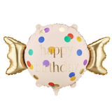A 24 inch Happy Birthday Candy Shape Foil Balloon, manufactured by PartyDeco.