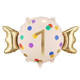A 24 inch Age 1 Candy Shape Foil Balloon, manufactured by PartyDeco.