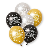 A retail pack of 6 12 inch Glitz Happy Birthday Assorted Latex Balloons, manufactured by Unique.