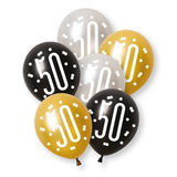 A retail pack of 6 12 inch Glitz Number 50 Assorted Latex Balloons, manufactured by Unique.