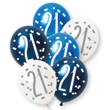 A pack of 6 12 inch 21st birthday blue and silver glitz latex balloons, manufactured by Unique.