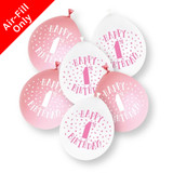 A retail pack of 10 9 inch Pink Happy 1st Birthday Neck Up Assorted Latex Balloons, manufactured by Unique.