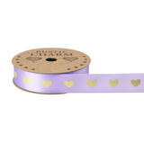 A reel of Lilac Golden Hearts Satin Ribbon, measuring approx. 25mm x 10m.