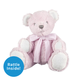 A Hug-a-Boo Pink Rattle Bear, measuring approx. 5 inches sitting.