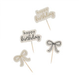 A pack of 12 Happy Birthday Black & Gold Bow Food Picks, manufactured by Hootyballoo.