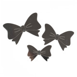 A pack of 12 metallic silver 3D bow adhesive decorations, manufactured by Oaktree.