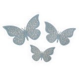 A pack of 12 light blue 3D butterfly adhesive decorations, manufactured by Oaktree.