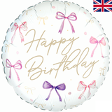 An 18 inch Happy Birthday Bows Foil Balloon, manufactured by Oaktree.
