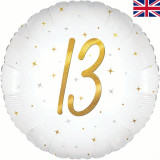 An 18 inch Age 13 White Elegant Sparkle Holographic Foil Balloon, manufactured by Oaktree.