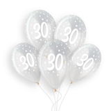A pack of 25 13 inch Age 30 Crystal Clear Latex Balloons, manufactured by Gemar.