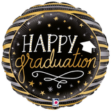 An 18 inch Happy Graduation Satin Metallic Stripes Foil Balloon, manufactured by Betallic.
