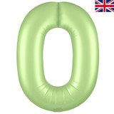 A 34 inch Satin Pastel Pistachio Number 0 Foil Balloon, manufactured by Oaktree.
